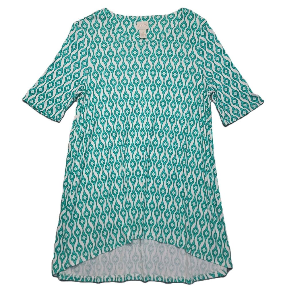 Chico's Tunic Womans 0 Short Sleeve Hi Lo Hem Green White Geometric Print Blouse
